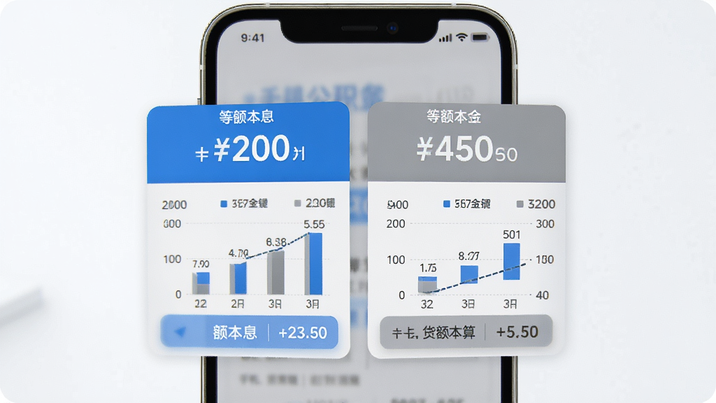手机公积金一键计算多场景贷款计算功能展示,主体为手机屏幕中并列显示等额本息和等额本金两种计算结果卡片,布局左右分栏,排版整齐,风格为清爽商务风,细节包括数字高亮、图表辅助展示、蓝色与灰色搭配,画质高清,干净,无多余元素