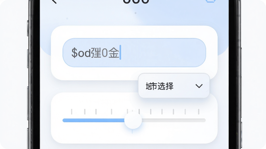 手机公积金一键计算利率参考与调整功能,主体为手机屏幕中显示利率输入框和城市选择下拉菜单,布局居中,排版简洁,风格为柔和圆角风,细节包括浅蓝色输入框、圆角卡片、刻度滑块,画质高清,干净,无多余元素