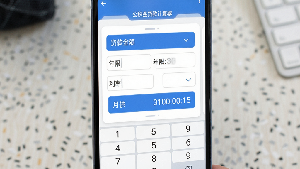 手机公积金一键计算软件主界面展示,主体为一台安卓手机,屏幕中显示公积金贷款计算器界面,包含贷款金额、年限、利率输入框和月供结果展示区,布局简洁清晰,排版居中,风格为现代扁平化科技风,细节包括蓝色主色调按钮、白色背景卡片、数字键盘图标,画质高清,干净,无多余元素