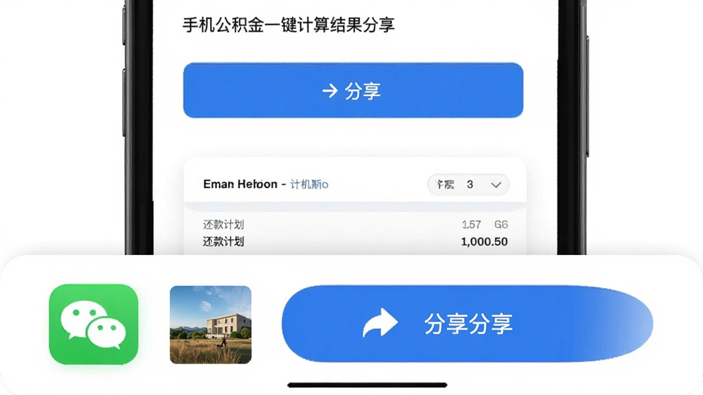 手机公积金一键计算结果分享功能,主体为手机屏幕中显示分享按钮和还款计划表预览图,布局底部弹出分享面板,排版紧凑,风格为现代扁平风,细节包括微信图标、图片缩略图、蓝色分享按钮,画质高清,干净,无多余元素