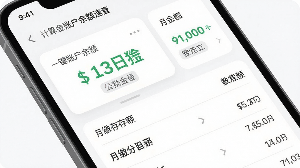 手机公积金一键计算账户余额速查界面,主体为手机屏幕中显示公积金账户余额数字卡片和月缴存额明细列表,布局上下结构,排版清晰,风格为简约浅色风,细节包括绿色余额数字、灰色标签文字、白色背景,画质高清,干净,无多余元素