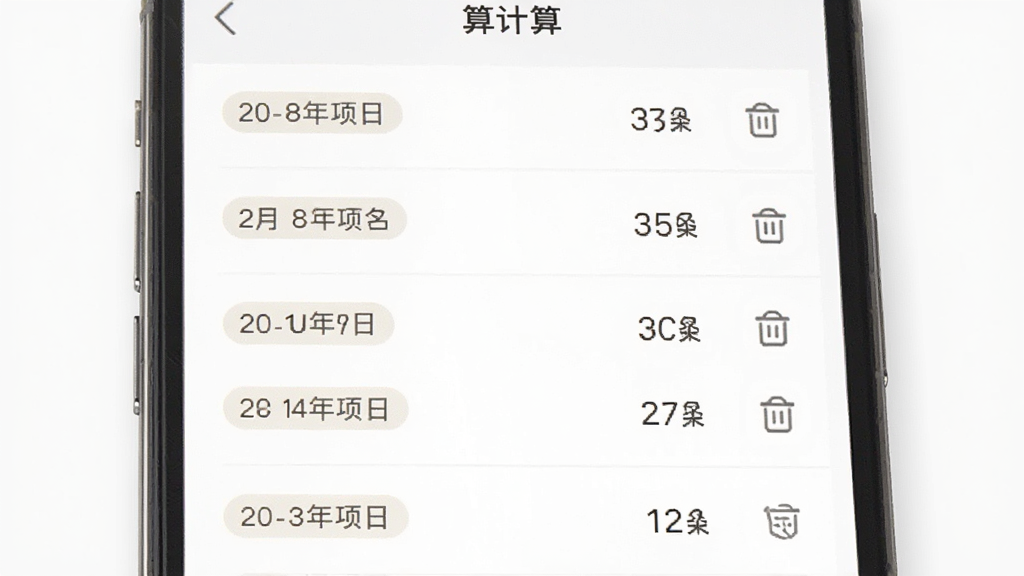 手机公积金一键计算历史记录留存界面,主体为手机屏幕中显示按时间排列的计算记录列表,布局垂直列表,排版规整,风格为极简素雅风,细节包括日期标签、金额摘要、删除图标,画质高清,干净,无多余元素