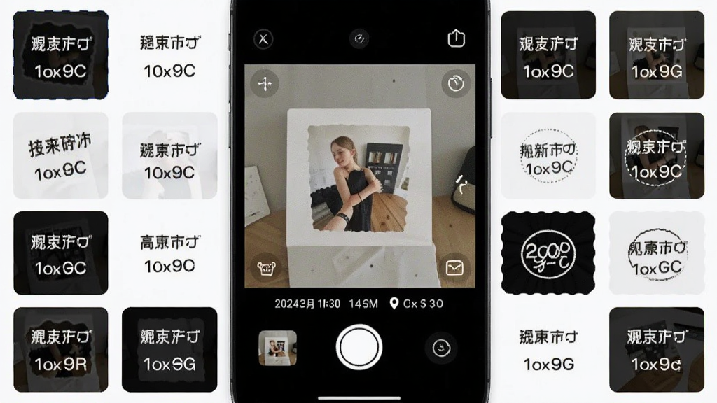 一张手机屏幕展示水印相机打卡照片软件主界面的图片,画面中央是相机取景框,取景框下方显示日期、时间、地点等水印信息,界面简洁明亮,周围有多个水印模板缩略图环绕,整体风格为现代科技感,细节清晰,画质干净,无多余元素