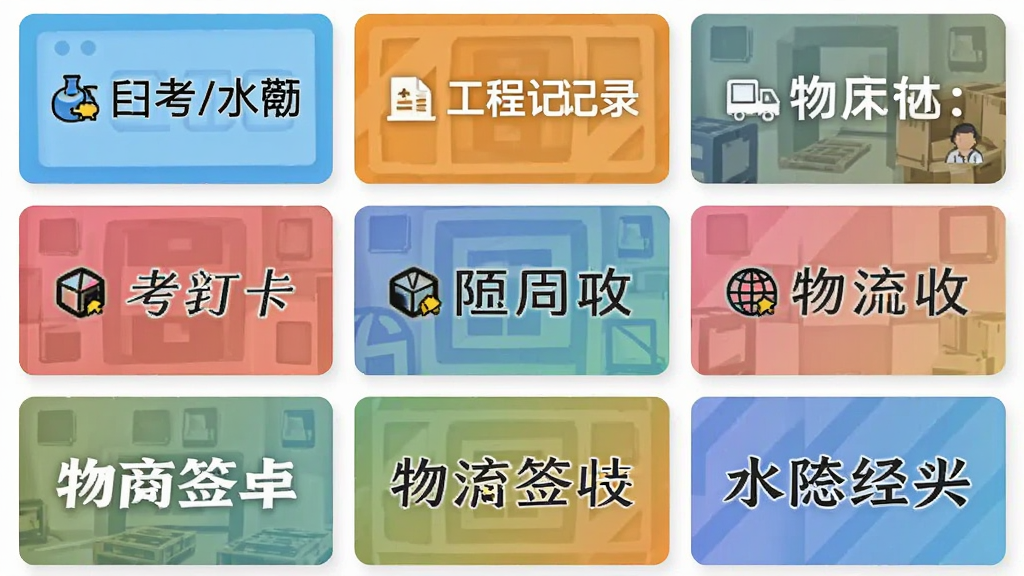 水印相机打卡照片软件的水印模板选择界面,画面中展示九宫格排列的多种水印样式缩略图,包括考勤打卡、工程记录、物流签收等不同风格,每个模板上都有示例文字和图标,界面采用卡片式设计,色彩丰富但不过于花哨,整体布局整齐,画质清晰,无多余元素