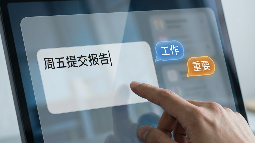 一张展示待办清单智能分类功能的示意图,画面左侧是输入框输入“周五提交报告”文字,右侧自动弹出“工作”、“重要”两个标签泡泡,背景是半透明的毛玻璃效果,前景有一只手正在点击屏幕,风格为写实科技风,细节上屏幕有轻微反光,画质高清,无杂乱背景元素