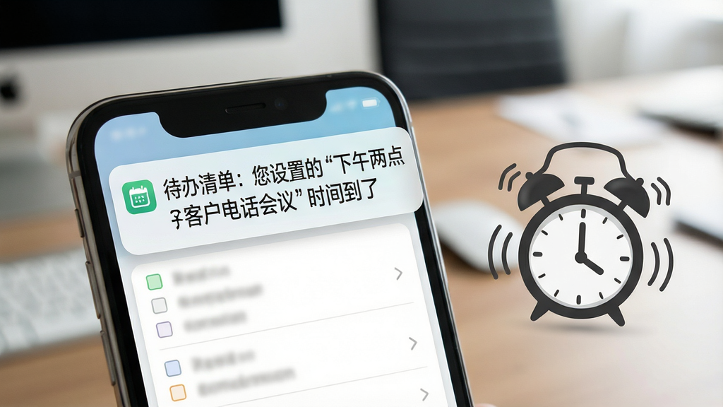 一张表现待办清单提醒功能的图片,画面中手机屏幕顶部弹出一条通知横幅,写着“待办清单:您设置的‘下午两点客户电话会议’时间到了”,手机旁边有一个正在震动的闹钟图标,背景是模糊的办公桌面环境,风格为产品特写风,细节上通知栏图标清晰可见,画质锐利,干净无多余元素