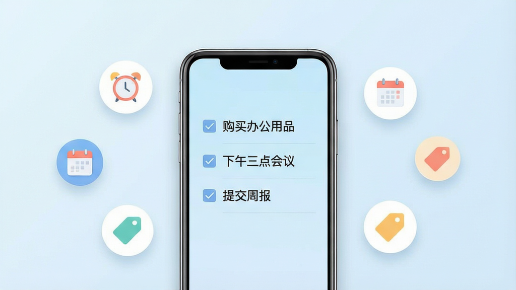 一张简洁清新的待办清单应用界面预览图,画面中央是一部智能手机,手机屏幕上显示着带有勾选框的任务列表,列表项包含“购买办公用品”、“下午三点会议”、“提交周报”等文字,屏幕背景为柔和的浅蓝色渐变,手机周围散落着几个漂浮的圆形图标代表闹钟、日历和标签,整体布局居中对称,风格为现代扁平化UI设计,细节上手机边缘有轻微阴影,画质清晰干净,无多余元素,整体色调明亮舒适