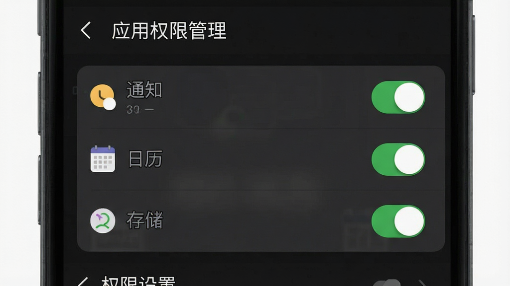 一张表现手机存储空间与权限设置的示意图,画面中手机屏幕显示“应用权限管理”界面,通知、日历、存储权限均为开启状态,背景是深色设置菜单,风格为系统界面截图风,细节上权限开关高亮显示,画质清晰,无多余装饰元素