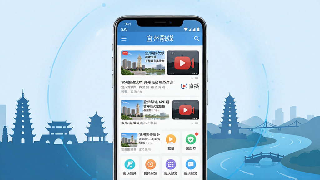 一款以宜州城市风光为背景的智能手机界面展示图,画面中央是一部竖屏安卓手机,手机屏幕上清晰展示着宜州融媒APP的主页界面,包含新闻列表、直播入口和便民服务图标,手机两侧环绕着宜州地标建筑剪影和龙江河景观,整体布局居中对称,排版简洁明快,风格为现代扁平化科技感,细节上手机边缘有柔和反光,背景有浅蓝色渐变光晕,画质高清,干净无多余元素,画面中文字包含“宜州融媒”