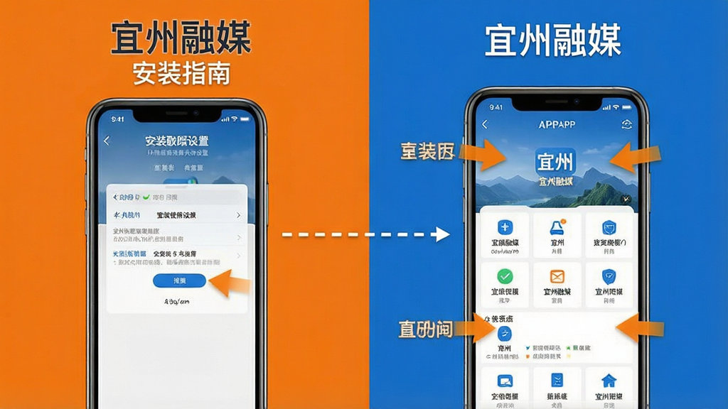 一张宜州融媒APP新手安装使用指南的信息图,画面分为左右两部分,左侧展示手机安装权限设置界面,右侧展示APP主界面和功能标注箭头,中间用虚线连接,布局采用左右对比式排版,风格为简洁教程信息图,细节上图标清晰、箭头指向明确,配色以蓝色和橙色为主,画质高清,干净无多余元素,画面中文字包含“宜州融媒”“安装指南”