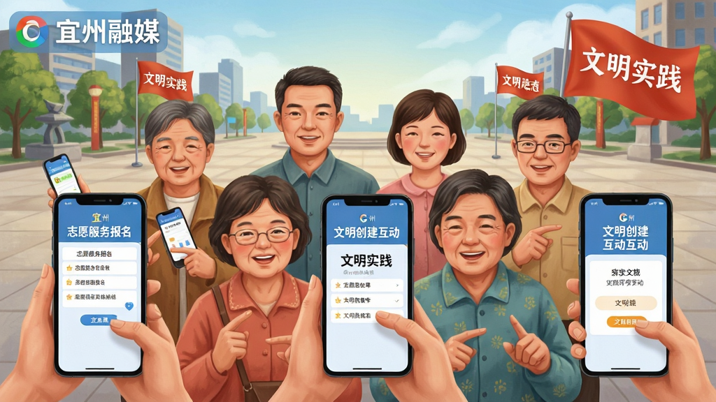 一张展示宜州融媒文明实践互动功能的插画,画面中多位不同年龄的宜州市民通过手机参与线上文明实践活动,手机屏幕展示志愿服务报名页面和文明创建互动界面,背景为宜州城市广场和志愿者旗帜,布局采用群像式排版,风格为温馨写实插画风,细节上人物表情积极向上,手机界面清晰可辨,画质高清,画面中文字包含“宜州融媒”“文明实践”