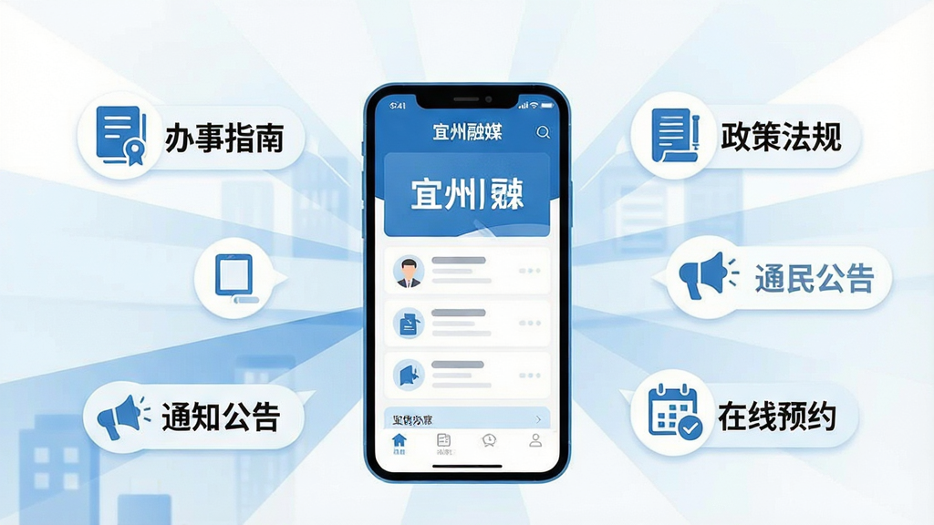 一张表现宜州融媒政务便民服务功能的扁平化风格插画,画面中央是一部手机展示政务办事界面,周围环绕着“办事指南”“政策法规”“通知公告”“在线预约”等文字标签和对应的图标元素,布局采用中心放射状排版,风格为简洁商务扁平风,细节上图标线条流畅,配色以蓝色和白色为主,画质高清,干净无多余元素,画面中文字包含“宜州融媒”“便民服务”