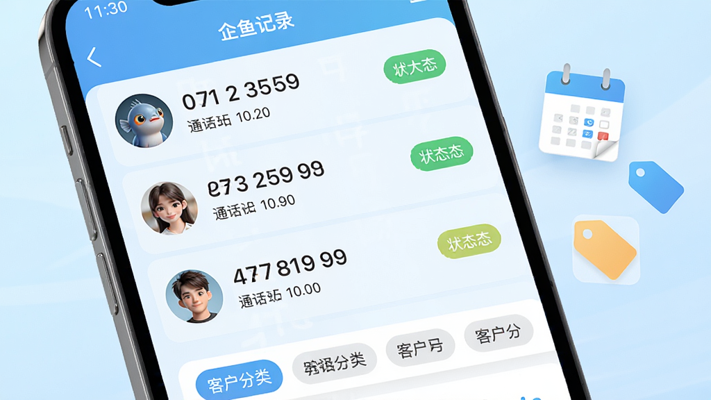 �ֻ���Ļ��д������Appͨ����¼�б�ҳ�棬ÿ����¼�������ϵ��ͷ���м���ʾ������ͨ��ʱ�����Ҳ���״̬��ǩ����Ļ�·��пͻ������ǩ��������Ϊ����ɫ���䣬�����Ҳ�Ư�����������ǩͼ�꣬������¼�࣬ϸ�����������ʸ��壬�޶���Ԫ�ء�