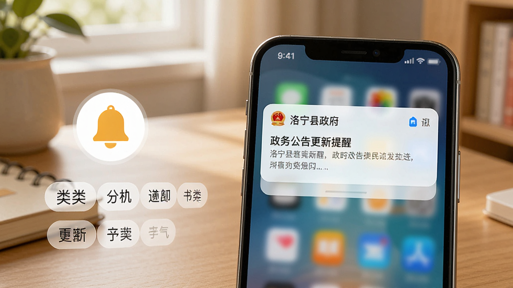 画面展示一部手机在桌面亮屏,屏幕上弹出“洛宁县政府”App的消息通知卡片,通知内容显示政务公告更新提醒,手机旁边有一个订阅铃铛图标和几个分类标签,背景为温馨的居家桌面环境,风格生活化,排版简洁,细节清晰,画质干净,无多余元素。