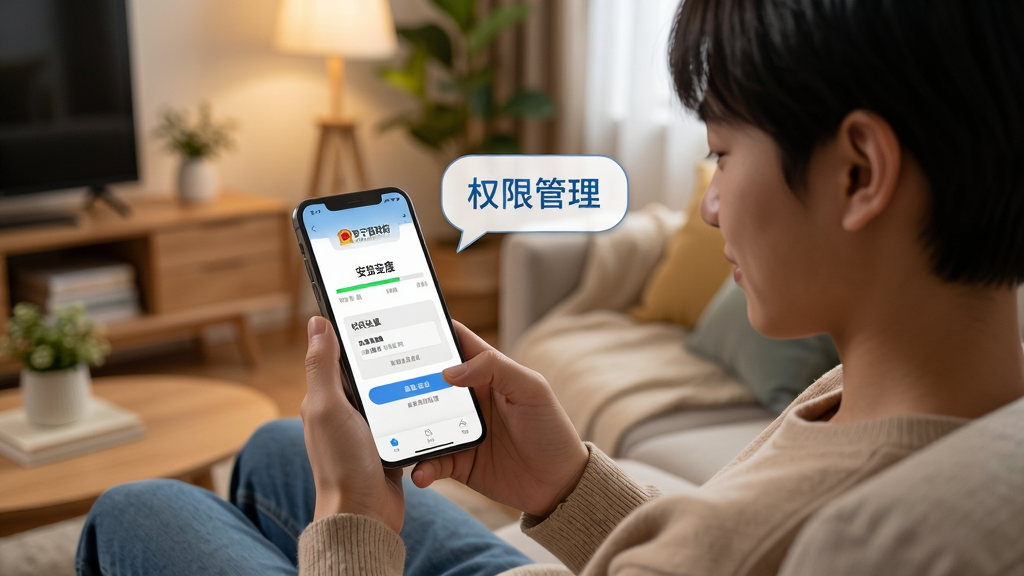 画面展示一位年轻人坐在沙发上使用手机,手机屏幕显示“洛宁县政府”App的安装进度条和权限设置界面,旁边有提示气泡标注“安全安装”和“权限管理”,背景为温馨客厅,风格生活化教学感,排版清晰,细节丰富,画质干净,无多余元素。