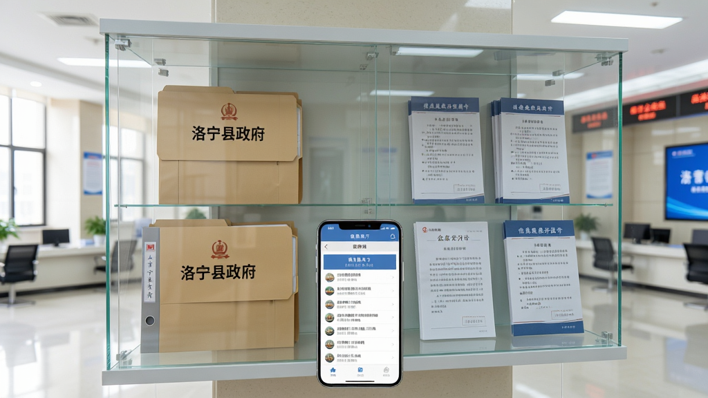 画面是一个透明的政务信息公开展示柜,柜中整齐排列着标注“洛宁县政府”字样的文件夹和公告文件,柜子前方有一部手机屏幕展示信息公开栏目界面,背景为明亮的政府办公大厅,风格庄重简洁,排版整齐,细节清晰,画质干净,无多余元素。