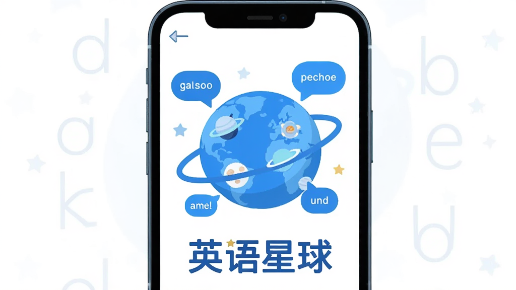 Ӣ������APP������Ԥ��ͼ����������չʾ�ֻ���Ļ����Ļ�ϳ���һ�ſ�ͨ������ɫ����������滷����Ӣ����ĸ�͵������ݣ��·��С�Ӣ�������ĸ������֣����������»��ã�������ɫ����ƽ��UI��ƣ��ɾ����������廭�ʣ��޶���Ԫ��