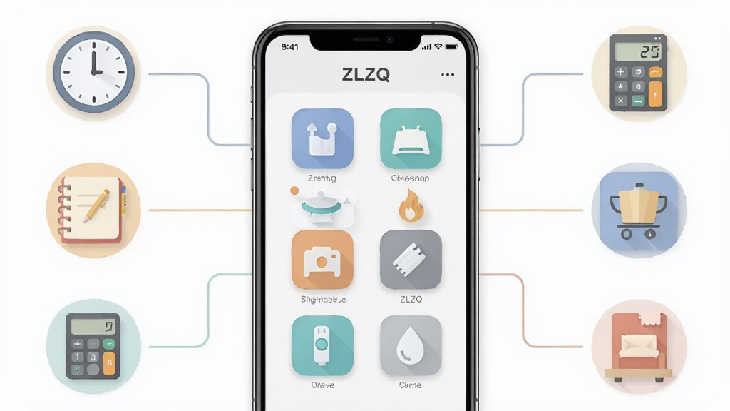 一张ZLZQ快捷工具集合示意图,画面中央为手机屏幕显示ZLZQ应用内多个工具图标整齐排列,四周用线条连接不同生活场景图标如时钟、记事本、计算器等,风格扁平化,配色柔和,画质清晰,无杂乱元素