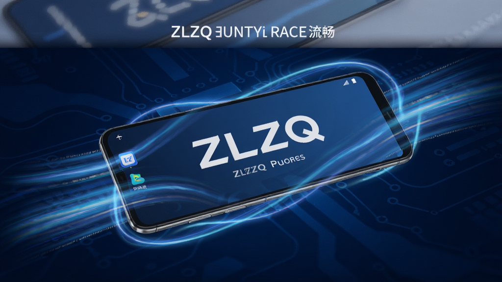 一张ZLZQ运行稳定流畅概念图,画面为一部安卓手机屏幕显示ZLZQ应用运行中,屏幕周围有流畅的线条和光效表示速度感,背景为深蓝色科技感渐变,风格现代简洁,画质高清,干净利落