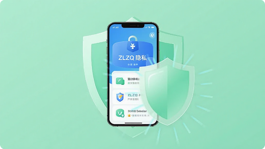 一张ZLZQ隐私安全保护主题图,画面中央为一个盾牌图标与手机组合,手机屏幕显示ZLZQ应用界面,盾牌发出柔和光芒,背景为浅绿色安全色调,风格简洁可信,画质高清,无多余装饰