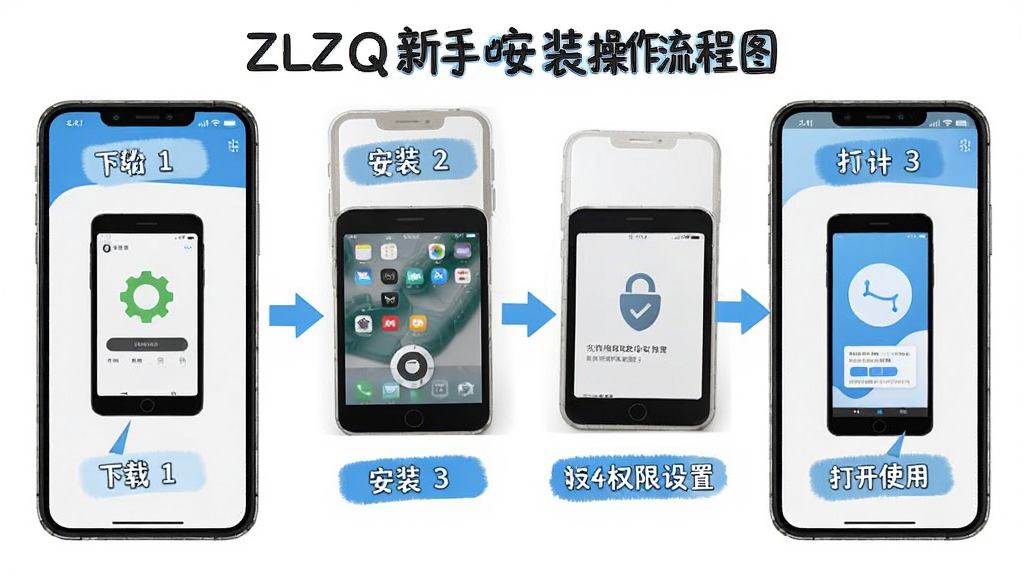 一张ZLZQ新手安装操作流程图,画面以手机屏幕截图形式分步骤展示下载、安装、权限设置、打开使用的完整流程,每一步用箭头连接,配色清晰,风格简洁教程风,画质高清,无多余元素
