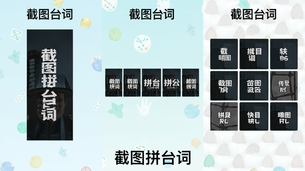 一张展示截图拼台词多种拼接模式的对比图,画面中并排展示纵向长图、横向拼接和网格拼图三种效果,每种效果上方标注对应模式名称,画面底部显示软件名称“截图拼台词”,风格清新明快,布局整齐,画质高清,无多余元素