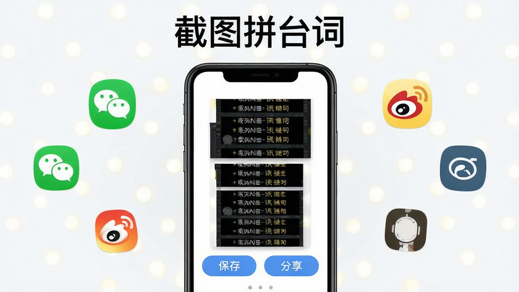 一张展示截图拼台词导出与分享功能的图片,画面中手机屏幕显示高清台词长图预览,下方有保存和分享按钮,周围环绕微信、微博等社交图标,画面顶部标注软件名称“截图拼台词”,风格简洁大方,画质高清,无多余元素