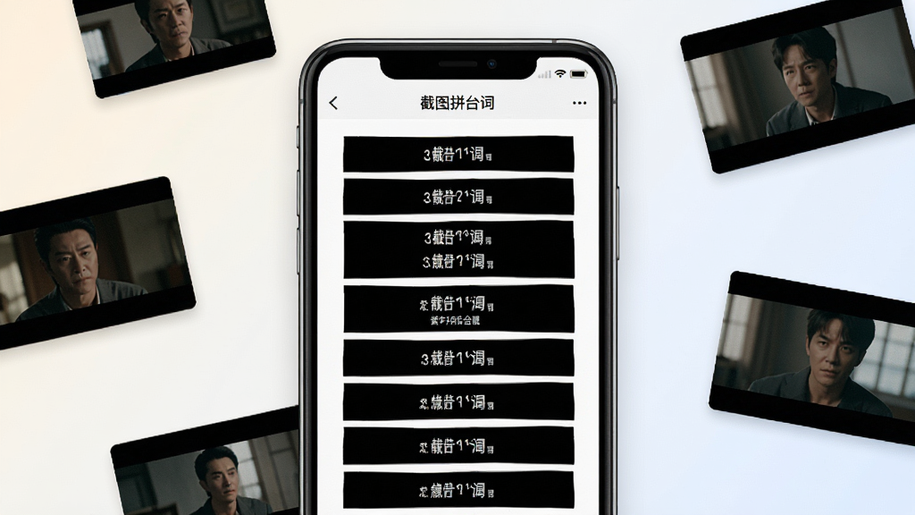 一张展示截图拼台词软件主界面的图片,画面中央是手机屏幕,屏幕内显示软件名称“截图拼台词”和拼接好的多行台词长图预览,周围散落着几张电影截图缩略图,背景为简洁的浅色渐变,风格干净清爽,画质高清,无多余元素