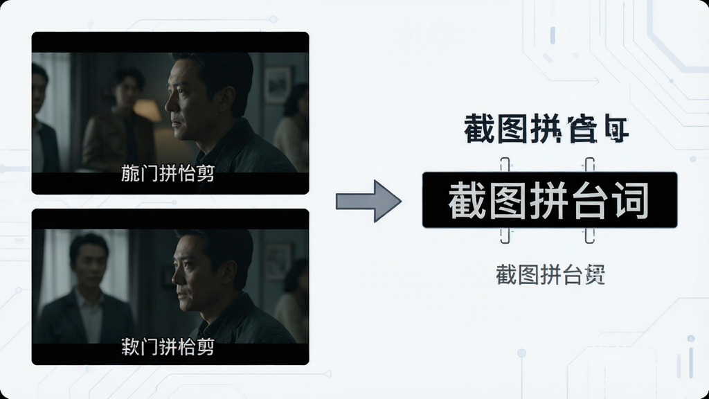 一张展示截图拼台词智能裁剪功能的示意图,画面左侧是几张带有字幕的电影截图,中间有一个箭头指向右侧裁剪整齐的字幕条,画面中标注软件名称“截图拼台词”,风格简约科技感,布局清晰,画质高清,无多余元素