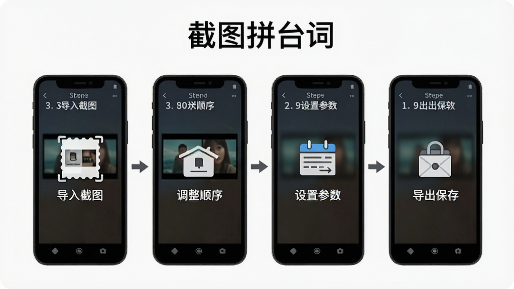 一张展示截图拼台词操作步骤的流程图,画面中手机屏幕依次显示导入截图、调整顺序、设置参数、导出保存四个步骤,每个步骤配有简洁图标和文字说明,画面顶部标注软件名称“截图拼台词”,风格扁平化设计,画质高清,无多余元素
