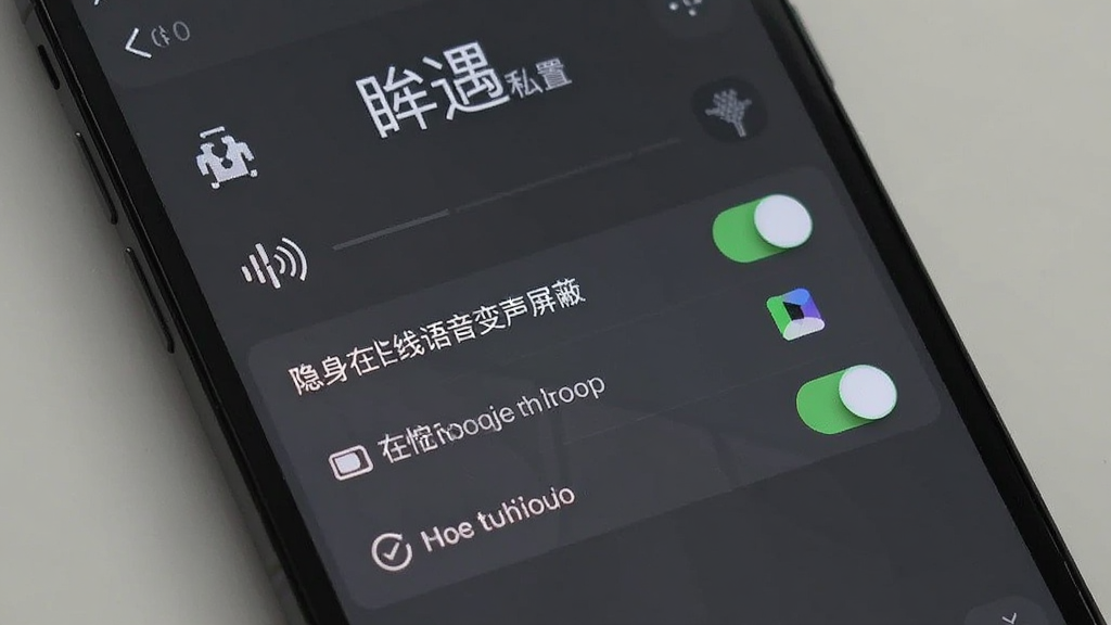 手机屏幕显示眸遇隐私设置页面,有隐身在线语音变声屏蔽用户等选项开关,界面以深灰色为主,图标简洁,画质清晰干净