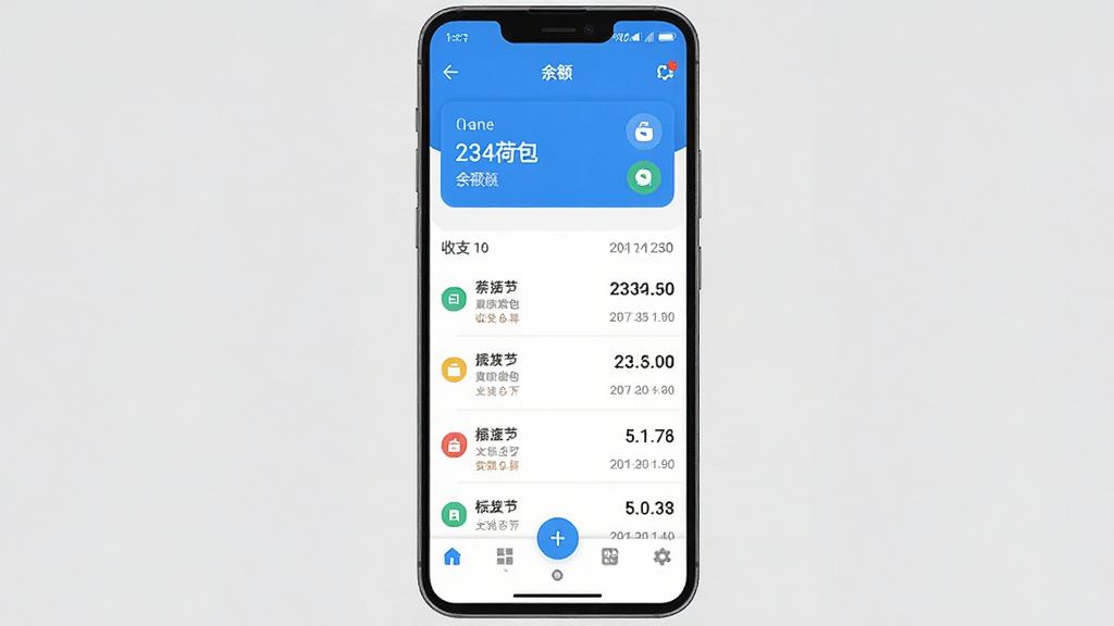 一部安卓手机屏幕中央显示“234荷包”记账应用主界面,界面布局为顶部余额卡片、中部收支列表、底部导航栏,整体采用蓝白清爽配色,画面居中排版,风格为扁平化UI展示,细节包含数字金额、分类图标、日期标签,画质清晰,干净,无多余元素