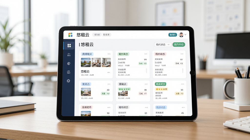 悠租云房源管理功能界面示意图,画面展示一台平板电脑放置在木质桌面上,屏幕中显示悠租云房源列表与租约状态标签,页面布局整齐,采用卡片式设计,背景为明亮办公环境,风格商务简洁,细节清晰,画质干净,无多余装饰元素