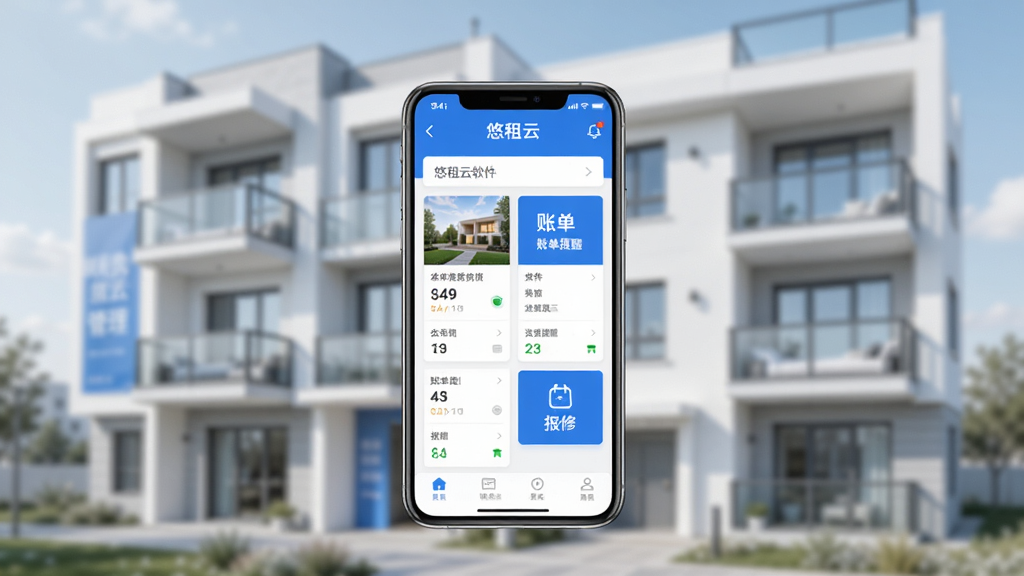 悠租云软件主界面展示图,画面中央放置一部智能手机,手机屏幕显示悠租云公寓管理首页,包含房源卡片、账单提醒、报修入口等模块,背景为现代简约风格的公寓楼外观虚化处理,整体色调以蓝白为主,明亮干净,画质清晰,构图居中,无多余杂乱元素,适合作为软件下载站介绍配图
