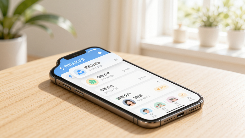 悠租云社区公告与互动功能界面图,画面展示一部手机放置在浅色桌面上,屏幕中显示悠租云公告列表与邻里互动板块,界面配色清新,图标简洁,背景为明亮室内光线,风格友好亲切,画质清晰,无多余杂物