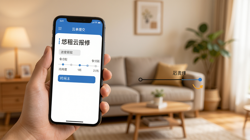 悠租云报修工单功能示意图,画面展示一只手拿着手机,屏幕中显示悠租云报修提交页面与进度跟踪时间轴,背景为家庭室内环境虚化,风格生活化,色调温暖,细节清晰,画质干净,无多余元素干扰