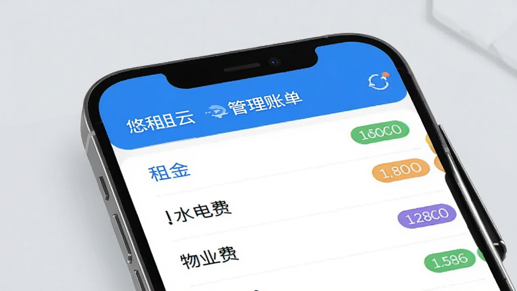 悠租云账单管理功能展示图,画面以手机屏幕特写为主,屏幕中显示悠租云账单列表,包含租金、水电费、物业费等条目,账单状态用不同颜色标签区分,背景为柔和浅灰色,风格简洁现代,文字清晰可辨,整体画面干净无杂乱