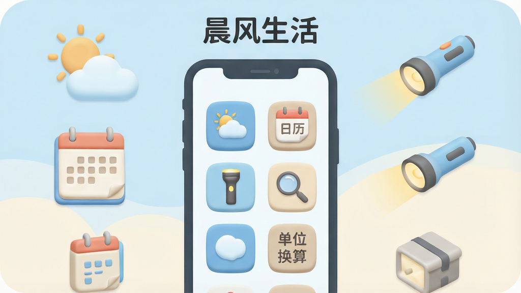 一幅展示晨风生活工具箱功能的场景图,画面中央是一部手机,屏幕以网格形式排列着天气、日历、手电筒、放大镜、单位换算等工具图标。手机周围环绕着对应的拟物化小图标,如太阳云朵、日历本、手电筒光束等。整体风格为柔和圆角扁平插画,色调以浅蓝和米白为主,布局整齐,画质干净,屏幕上方标注“晨风生活”文字。