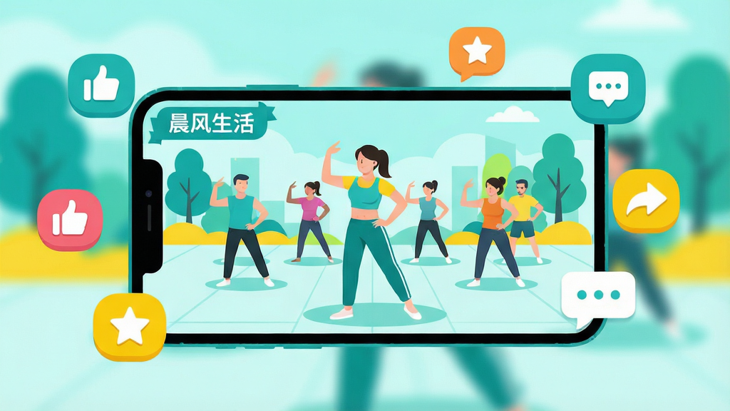 一幅展示晨风生活短视频功能的场景图,画面中央是一部横向放置的手机,屏幕正在播放广场舞教学视频,视频画面中有领舞人物和跟练人群。手机四周漂浮着点赞图标、收藏图标、分享图标和评论气泡。整体风格为活泼明快的扁平插画,色调以青绿色和亮黄色为主,布局均衡,画质清晰,无杂乱元素,屏幕内标注“晨风生活”文字。