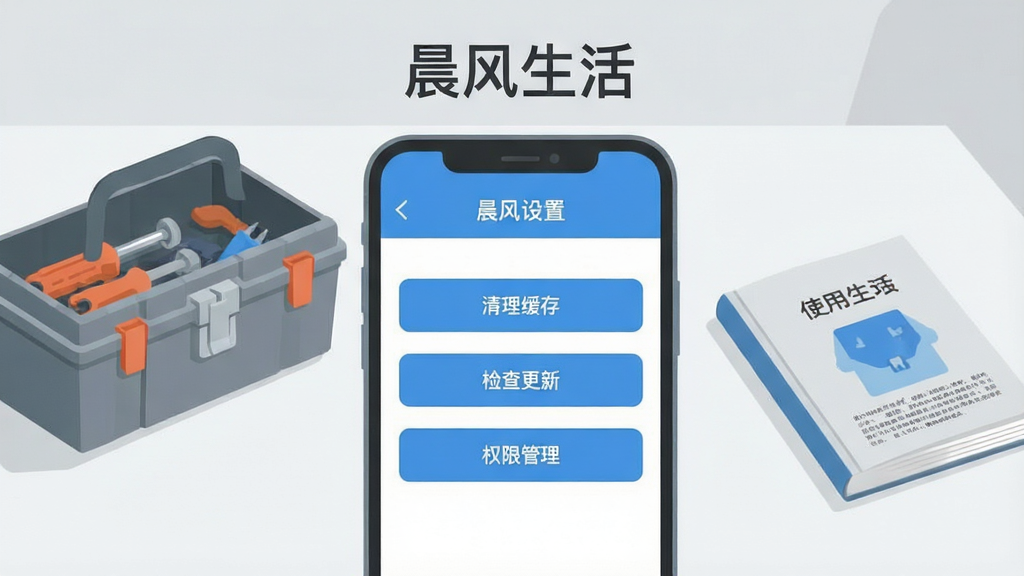 一幅展示晨风生活使用技巧的场景图,画面为一部手机屏幕特写,屏幕显示晨风生活的设置页面,包含清理缓存、检查更新、权限管理等选项按钮。手机旁边放置着一个工具箱和一本使用手册,背景为简洁的桌面。整体风格为清爽的扁平化插画,色调以浅灰和蓝色为主,布局清晰,画质干净,屏幕上方标注“晨风生活”文字。