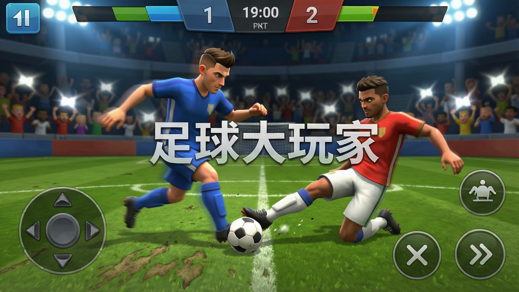 一张足球大玩家游戏对战画面风格图片,画面主体为两名玩家操控的球队在绿茵场上激烈拼抢,一名球员正在带球突破,另一名防守球员试图铲断,画面顶部显示比分牌和时间,画面底部有虚拟摇杆和操作按钮,画面中央用半透明字体写着