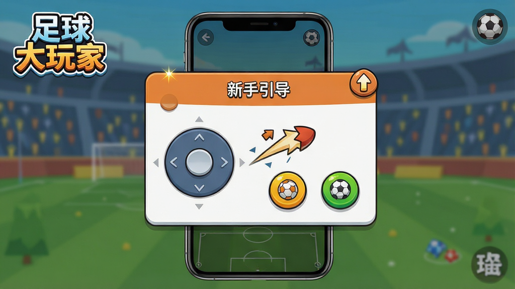 一张足球大玩家新手引导界面风格图片,画面主体为手机屏幕显示游戏教程弹窗,弹窗内有虚拟摇杆和传球按钮的示意图,画面角落有