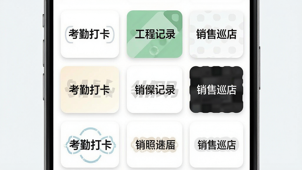 一张智能拍照水印相机水印模板选择界面的效果图,画面主体是手机屏幕,屏幕内以网格形式展示多个水印模板缩略图,每个缩略图包含不同的水印样式和文字内容,如“考勤打卡”“工程记录”“销售巡店”等标签,布局为三列网格排列,风格为清新简约的移动端UI设计,细节包括圆角卡片、柔和阴影、清晰文字标签,画质高清,画面干净,无多余元素。