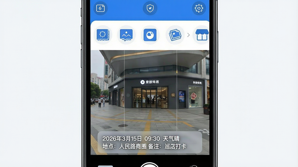 一张手机屏幕展示智能拍照水印相机应用界面的效果图,画面中央是手机竖屏,屏幕内显示相机取景框,取景框底部有半透明水印条,水印条上清晰写着“2026年3月15日 09:30 天气晴 地点:人民路商圈 备注:巡店打卡”,取景框上方有多个水印模板小图标横向排列,整体布局简洁清晰,风格为现代科技感UI设计,细节包括按钮圆角、图标线条干净、色彩以蓝色和白色为主,画质高清,画面干净,无多余元素。