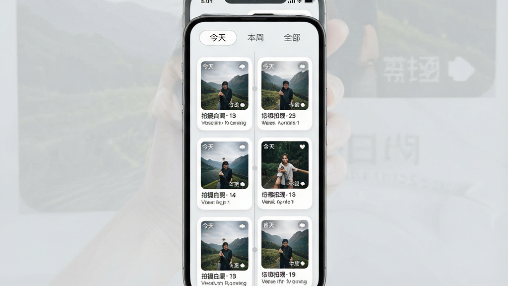 一张智能拍照水印相机相册管理界面的效果图,画面主体是手机屏幕,屏幕内以时间轴形式展示多张带水印的照片缩略图,每张缩略图下方标注拍摄时间和地点,顶部有分类筛选标签如“今天”“本周”“全部”,布局为纵向列表排列,风格为素雅极简的移动端UI设计,细节包括浅灰色背景、白色卡片、柔和圆角、清晰文字,画质高清,画面干净,无多余元素。