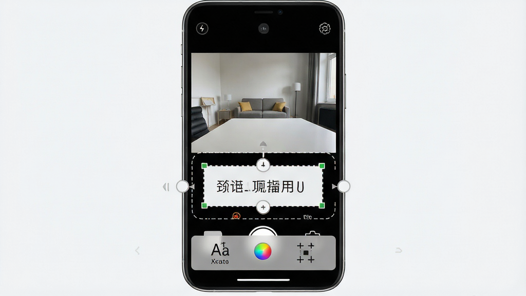 一张智能拍照水印相机实时预览编辑界面的效果图,画面主体是手机屏幕,屏幕内显示相机取景框,取景框下方有可拖拽的水印文字块,文字块周围有虚线框和调节手柄,屏幕底部有编辑工具栏包含字体大小、颜色、位置调整图标,布局为上下结构,风格为现代扁平化UI设计,细节包括半透明工具栏、图标线条清晰、色彩以白色和浅灰色为主,画质高清,画面干净,无多余元素。