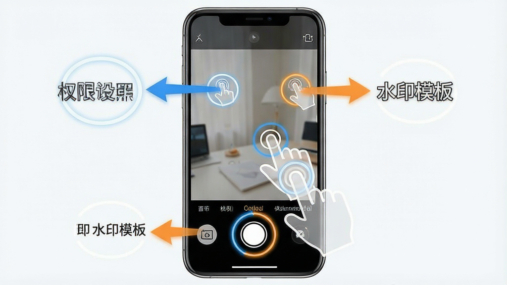 一张智能拍照水印相机新手操作指引的效果图,画面主体是手机屏幕,屏幕内显示相机界面,界面上有半透明的手指点击图标和箭头指示,分别指向权限设置、水印模板、快门按钮等位置,布局为竖屏全屏展示,风格为现代扁平化教学指引设计,细节包括高亮圈注、箭头线条清晰、色彩以蓝色和橙色为主,画质高清,画面干净,无多余元素。
