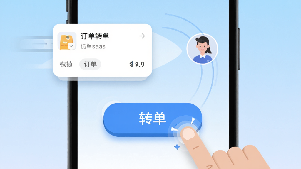 画面展示“转单云saas”的一键转单功能界面,手机屏幕中央有一个醒目的转单按钮,按钮周围有手指点击的动画效果,屏幕上方显示订单卡片从左侧飞向右侧的接收人头像,背景为浅蓝色渐变,风格为扁平化UI展示图,细节上按钮有轻微按压反馈效果,订单卡片带有圆角与阴影,画质清晰,无多余元素