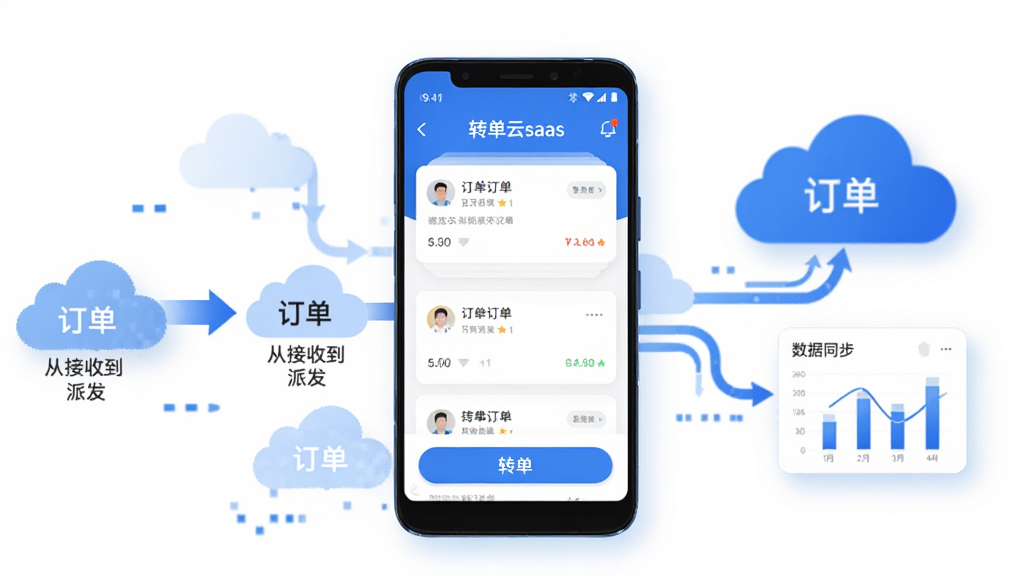 画面中央放置一部安卓手机,手机屏幕显示“转单云saas”应用主界面,界面内有订单卡片列表和转单按钮,手机周围环绕云朵形状的数据流图标,左侧展示订单从接收到派发的流程箭头,右侧展示数据同步与统计图表,整体采用扁平化科技风格,主色调为蓝色与白色,细节上加入轻微的阴影与圆角设计,画质清晰,背景干净,无多余元素