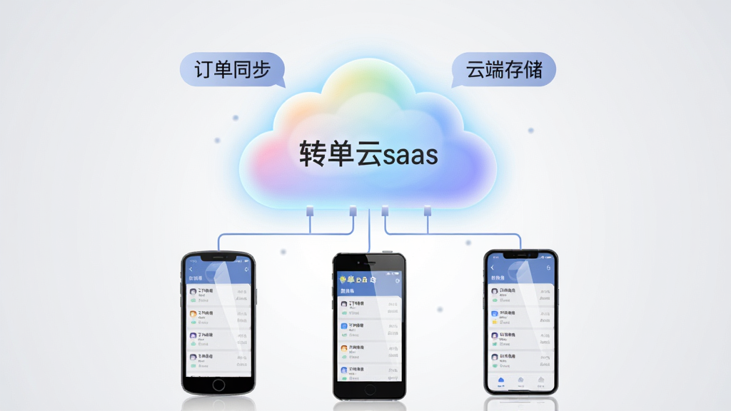 一张以“转单云saas”为主题的插画,画面主体是一朵发光的云形服务器,云下方连接着三部不同型号的手机,每部手机屏幕上都显示相同的订单列表,云朵上方飘浮着“订单同步”“云端存储”字样的标签,布局采用中心对称构图,风格为简洁的商务插画,细节上云朵有柔和的渐变光效,手机屏幕有轻微反光,画质干净,背景为浅灰色渐变,无多余元素